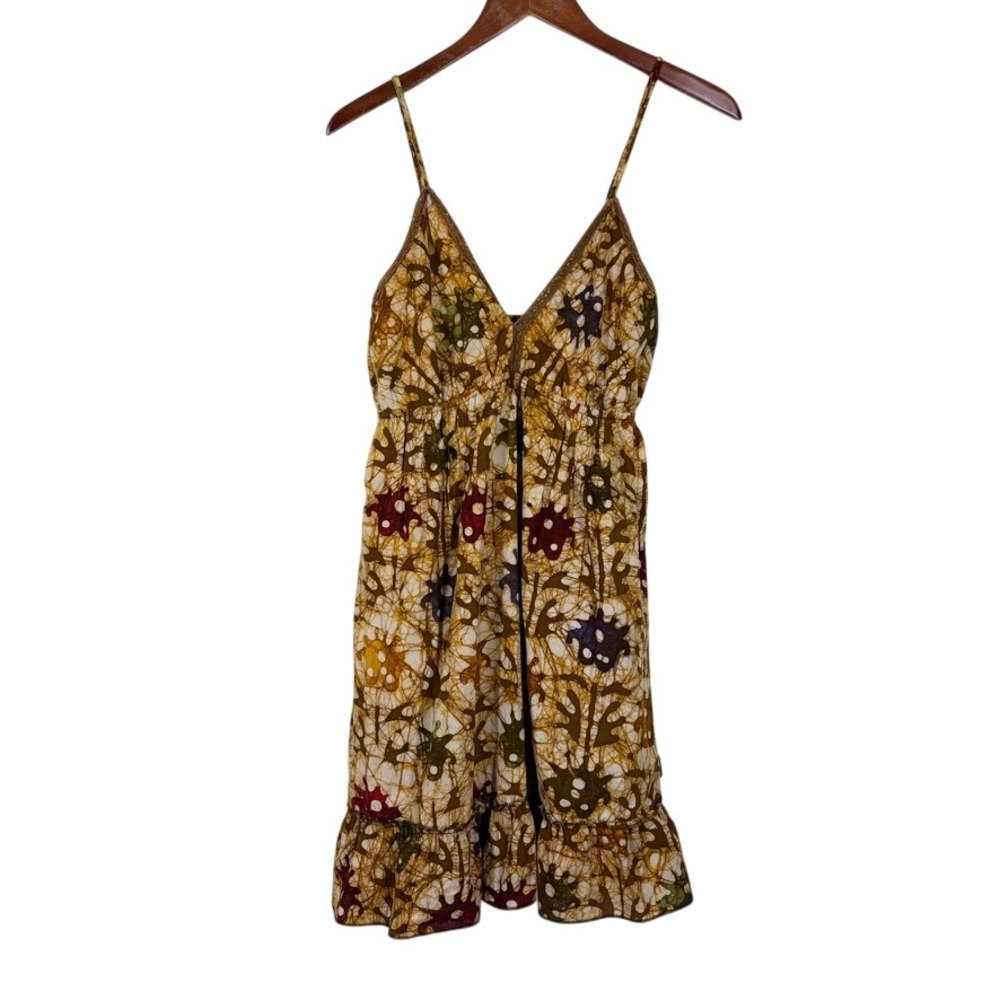 Mishu Womens Batic Babydoll Mini Dress XS Brown Boho Festival Cotton Smocked